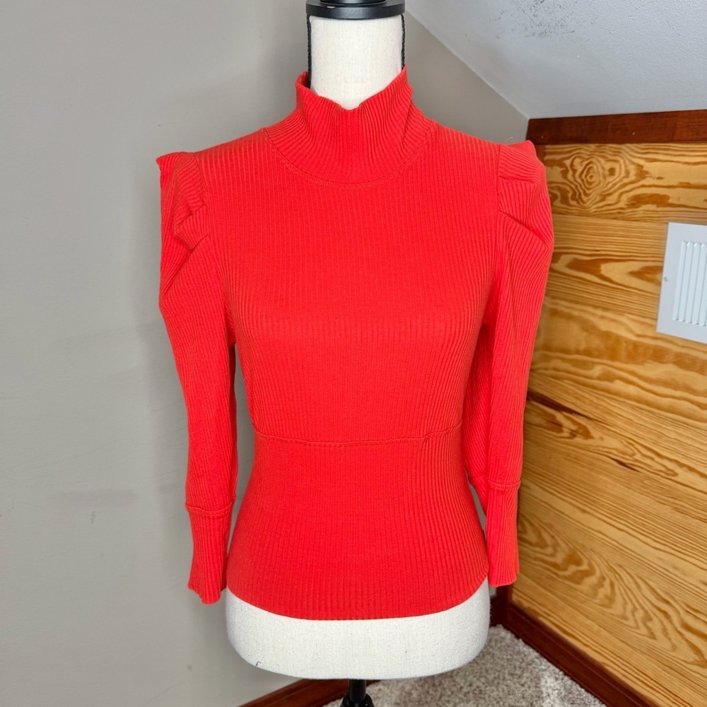 Free People Lala Cropped Puff Sleeve Mock Neck Ribbed Top Red Large L OB861565 - Picture 2 of 9
